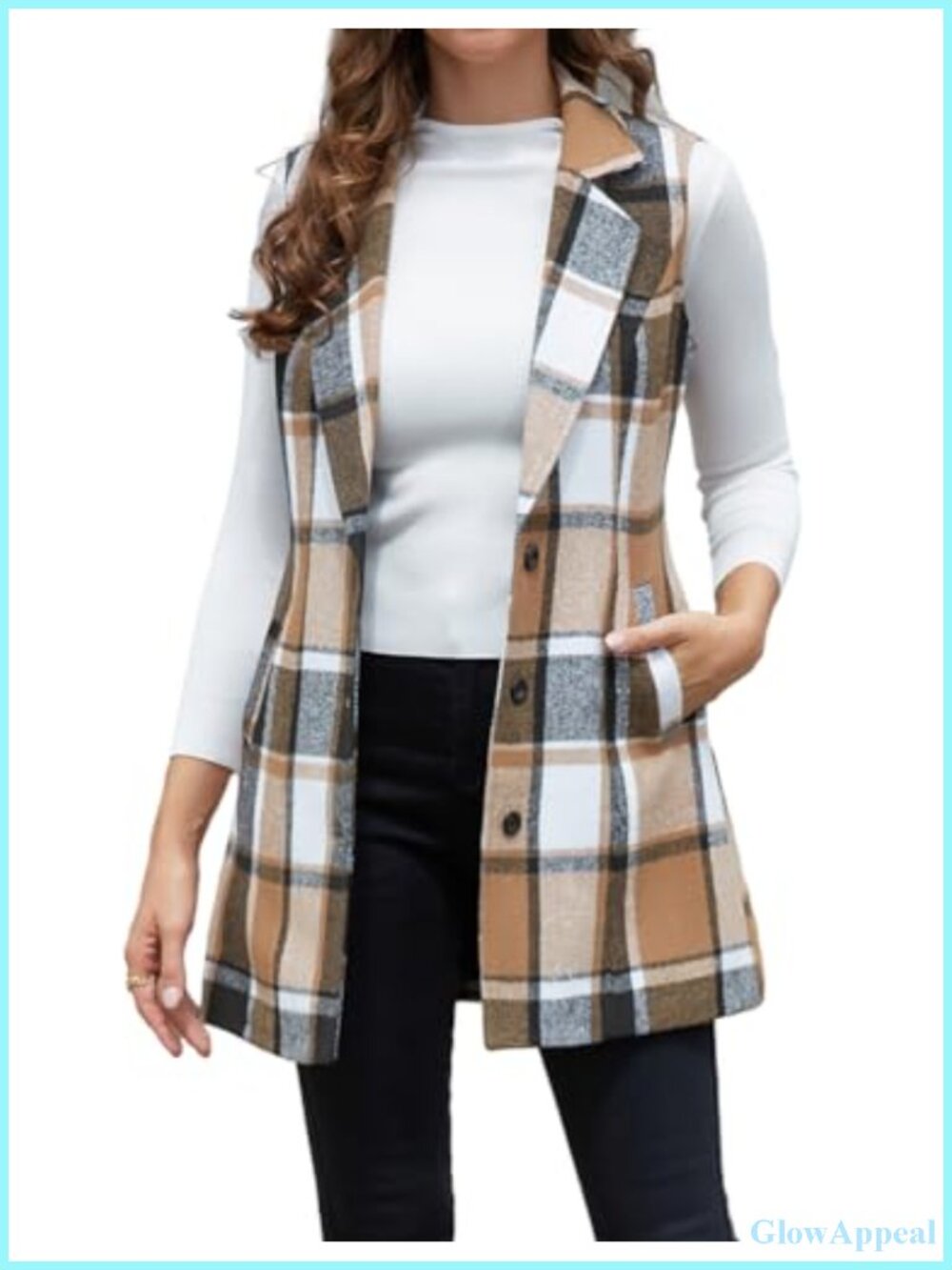 Plaid Wool Sleeveless Blazer Vest Long Cardigan Tops Layer Fall Winter